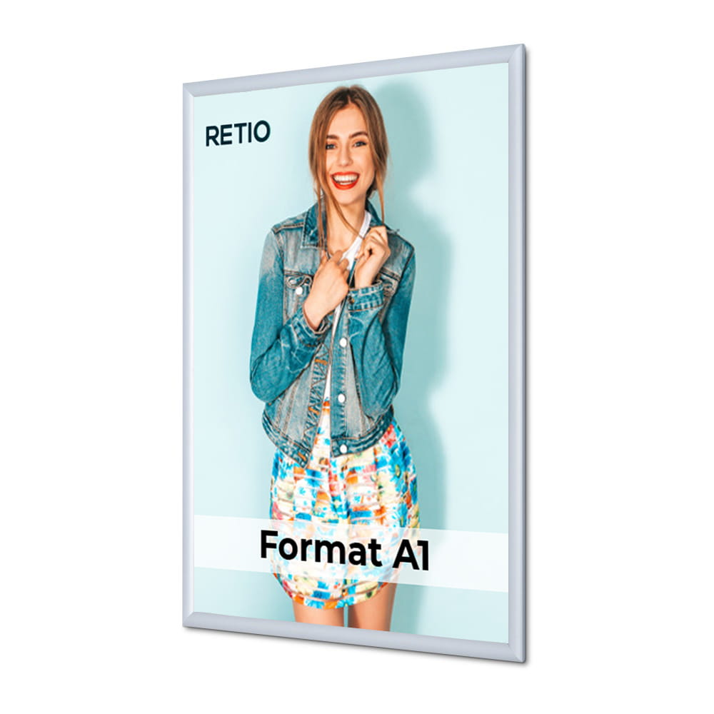 Ramka zatrzaskowa KRAST A1 (59,4 x 84,1 cm) aluminiowa srebrna z ostrym prostym narożnikiem rama ramka plakatowa OWZ ścienna na plakat na zdjęcia profil 25 mm