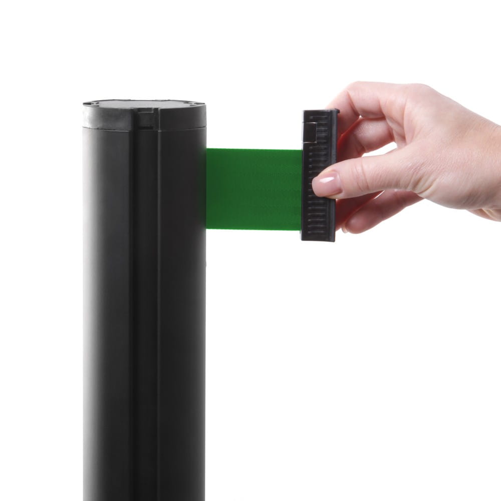 Post with a Winding Tape 270 cm J-EXTBE - Black With a Green Tape - A Barrier Post, a Post With a Rounded Tape For the Hotel, Restaurant and VIP Area