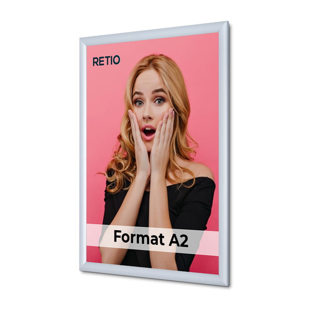 Ramka zatrzaskowa KRAST A2 (42,0 x 59,4 cm) aluminiowa srebrna z ostrym prostym narożnikiem rama ramka plakatowa OWZ ścienna na plakat na zdjęcia profil 25 mm