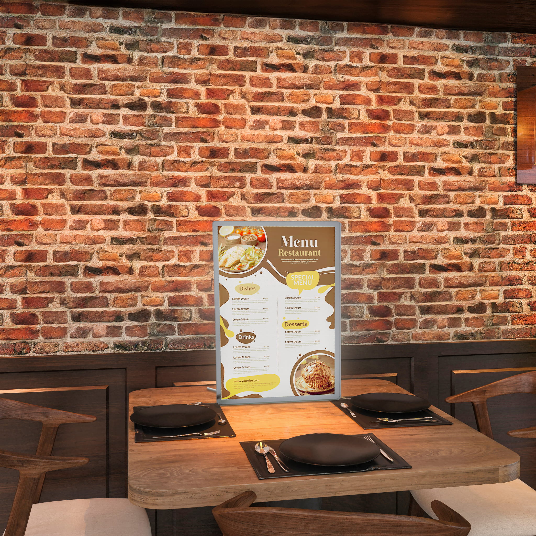 Ramka plakatowa A3 LED srebrna podświetlana w restauracji na MENU, na stół