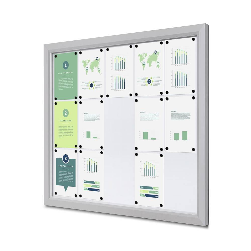 Gablota magnetyczna SLM 15xA4 108x91 cm z certyfikatem trudnopalności B1 zamykana na kluczyk do użytku zewnętrznego gablota zewnętrzna gablota ogłoszeniowa gablota informacyjna tablica ogłoszeń tablica informacyjna ogniotrwała srebrny
