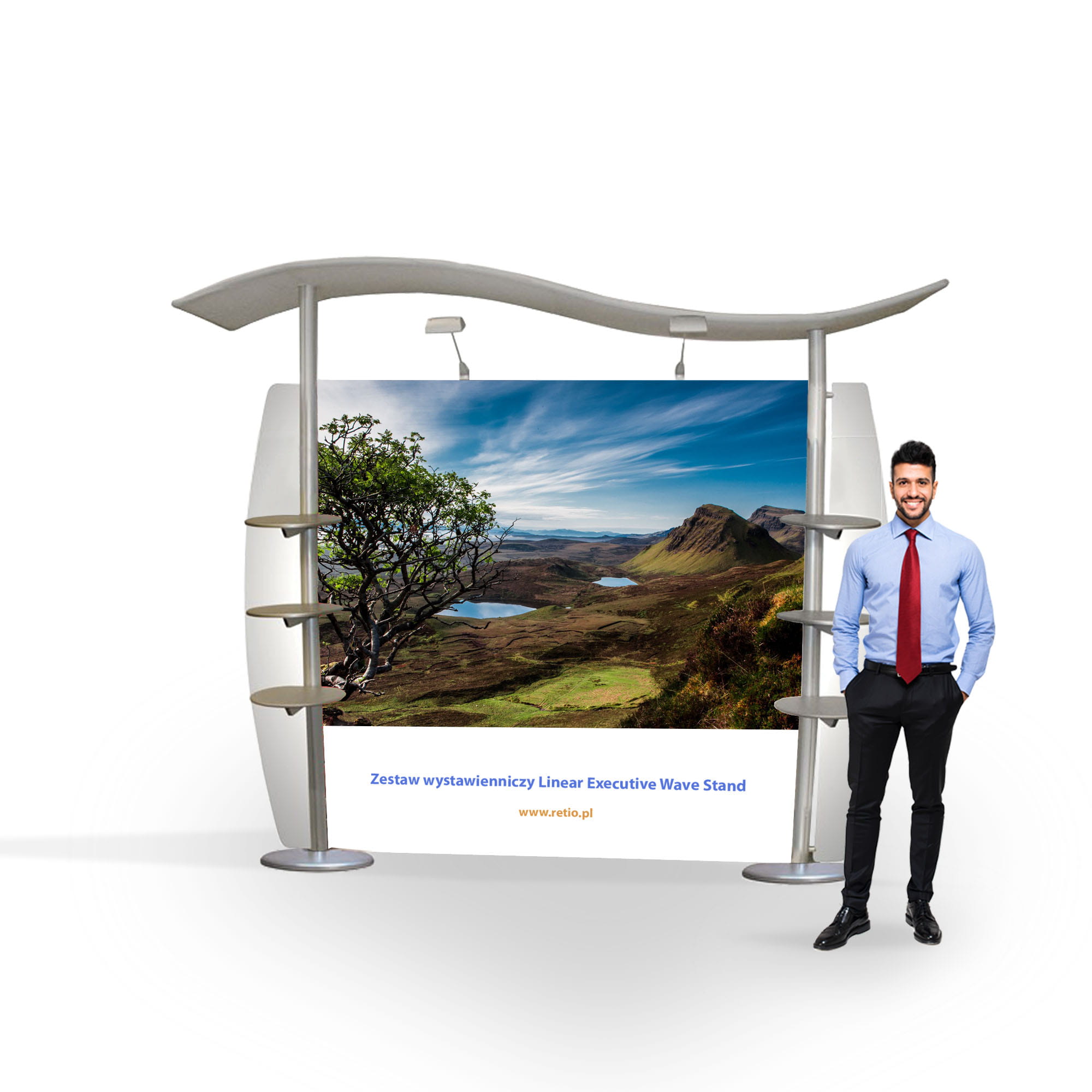 Linear Executive Wave Stand exhibition set 3 x 2.5 m (6 shelves for leaflets)
