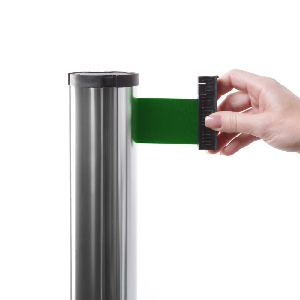 J-EXTBE Barrier Post with a Green Winding Tape 270 cm - Chrome Post With a Green Tape - A Barrier Post, a Post With a Rounded Tape For the Hotel, Restaurant and VIP Area