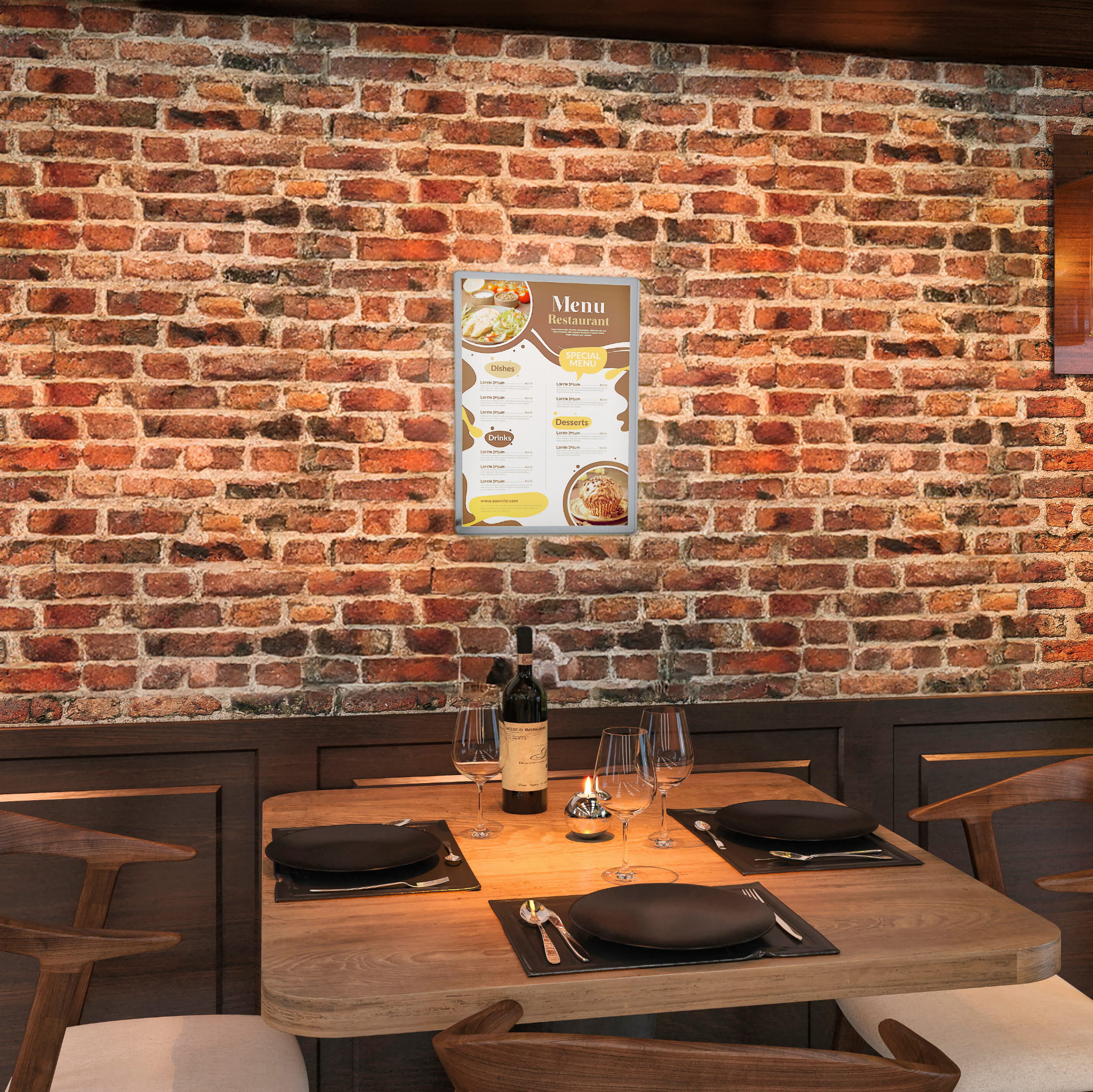 Ramka plakatowa A4 LED srebrna  podświetlana w restauracji na MENU, na ścianie informacyjna w orientacji pionowej