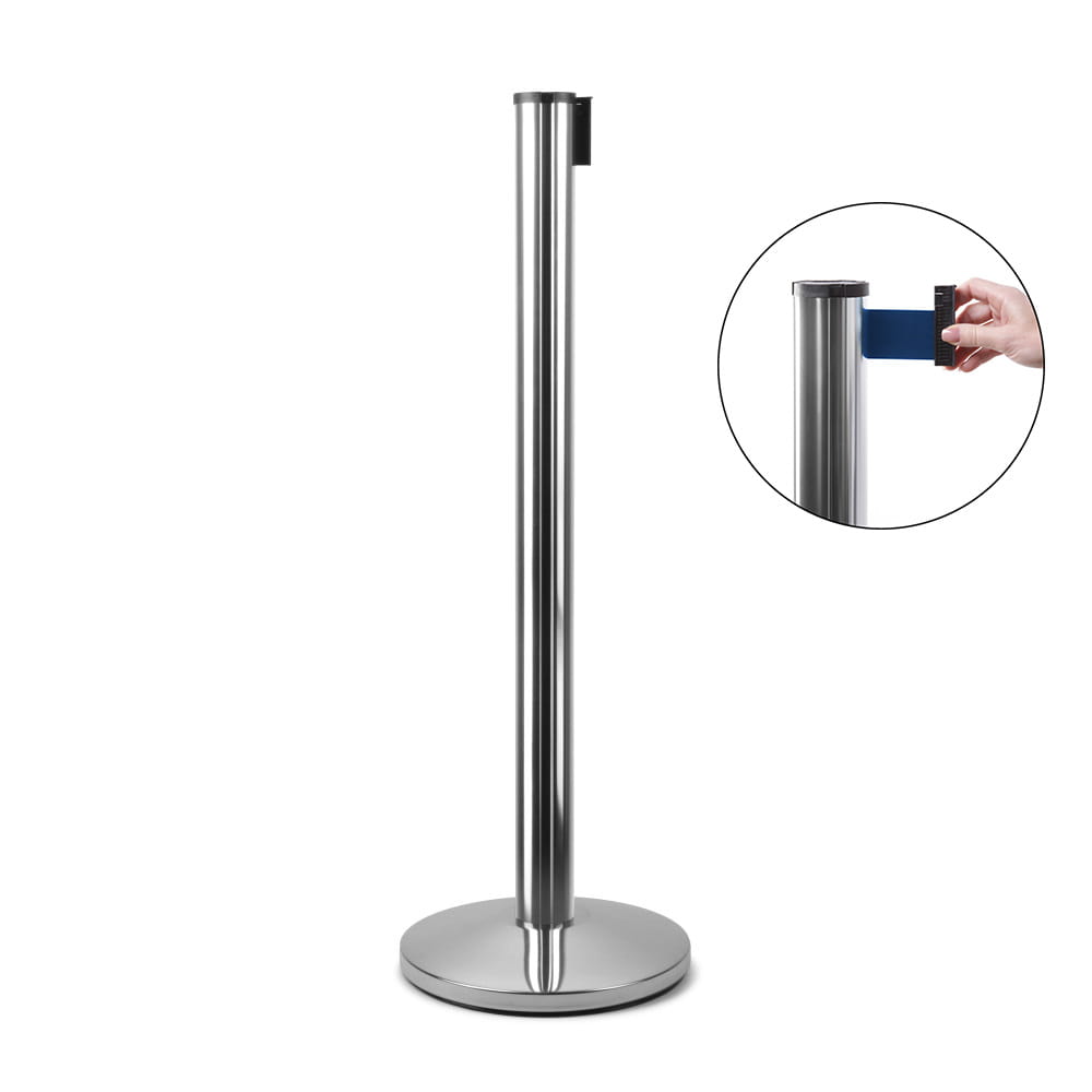 J-EXTBE Barrier Post with a Blue Winding Tape 270 cm - Chrome Post With a Blue Tape - A Barrier Post, a Post With a Rounded Tape For the Hotel, Restaurant and VIP Area