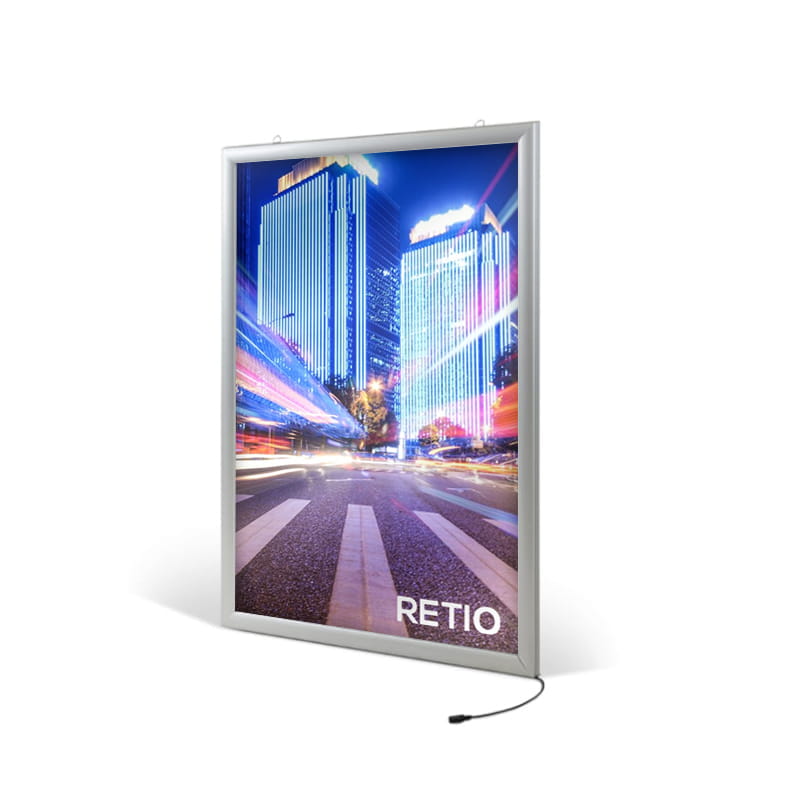 Podświetlana ramka LED A2 (42 x 59 cm) aluminiowa srebrna z prostym narożnikiem rama ramka plakatowa OWZ ścienna na plakat na zdjęcia profil 30 mm
