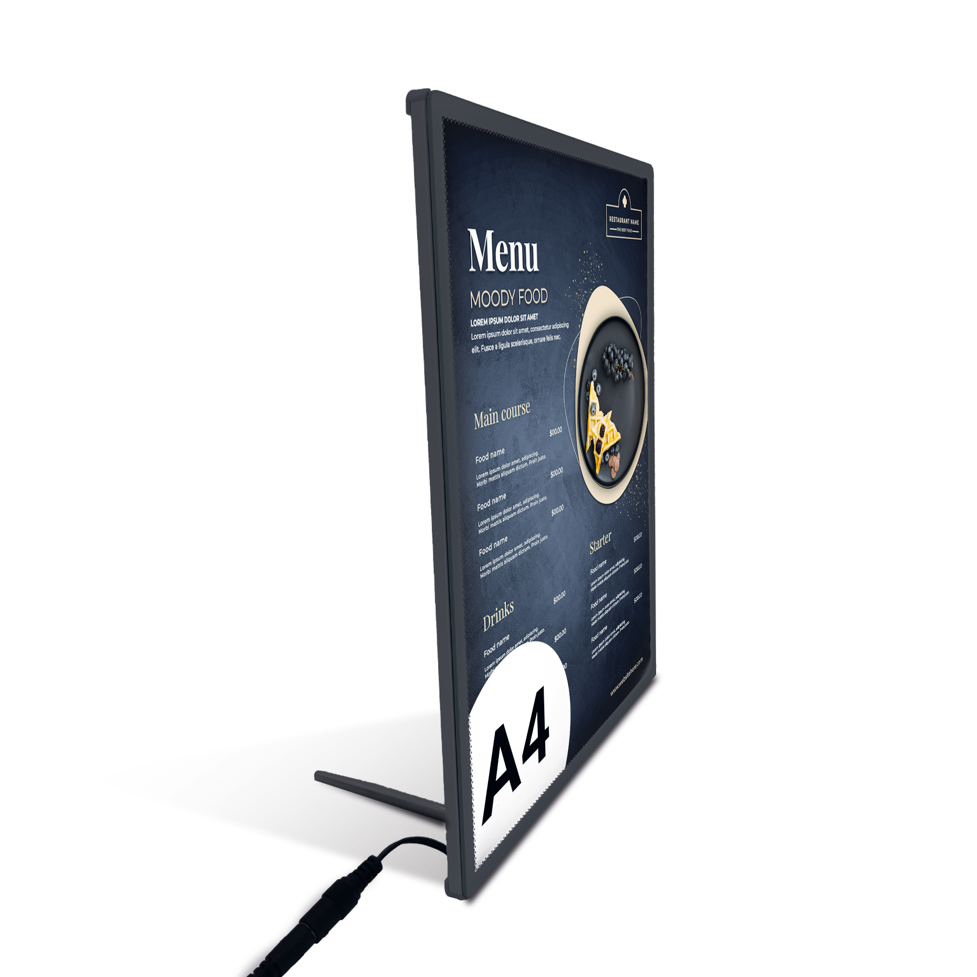 Ramka LED podświetlana SUN A4 czarna (21,0 x 29,7 cm) rama na plakat zdjęcia obraz podświetlana rama plakatowa orientacja pionowa z boku