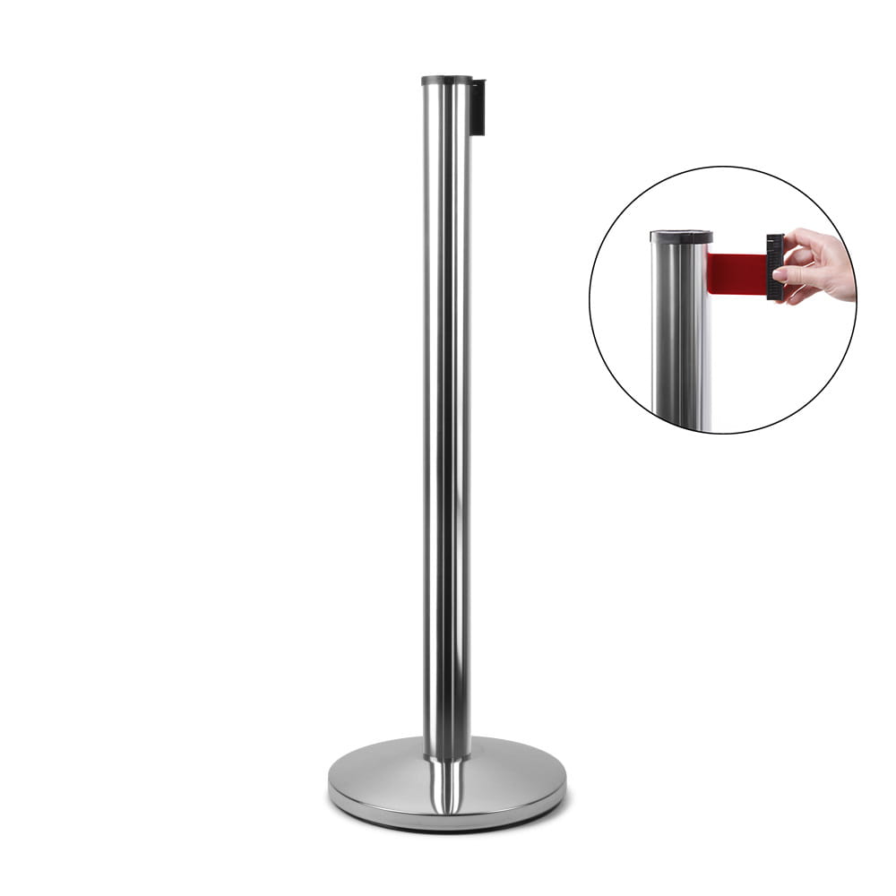 J-EXTBE Barrier Post with a Red Winding Tape 270 cm - Chrome Post With a Red Tape - A Barrier Post, a Post With a Rounded Tape For the Hotel, Restaurant and VIP Area