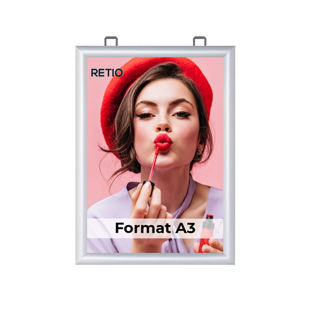 Ramka zatrzaskowa KRAST A3 (29,7 x 42,0 cm) aluminiowa srebrna dwustronna z ostrym prostym narożnikiem rama ramka plakatowa OWZ na plakat na zdjęcia profil 25 mm