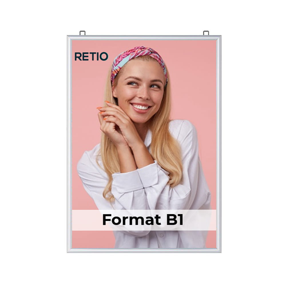 Ramka zatrzaskowa KRAST B1 (70,0 x 100,0 cm) aluminiowa srebrna dwustronna z ostrym prostym narożnikiem rama ramka plakatowa OWZ na plakat na zdjęcia profil 25 mm