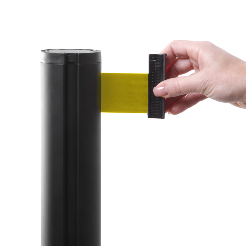 J-EXTBE Barrier Post with a Winding Tape 270 cm - Black Post With a Yellow Tape - A Barrier Post, a Post With a Rounded Tape For the Hotel, Restaurant and VIP Area