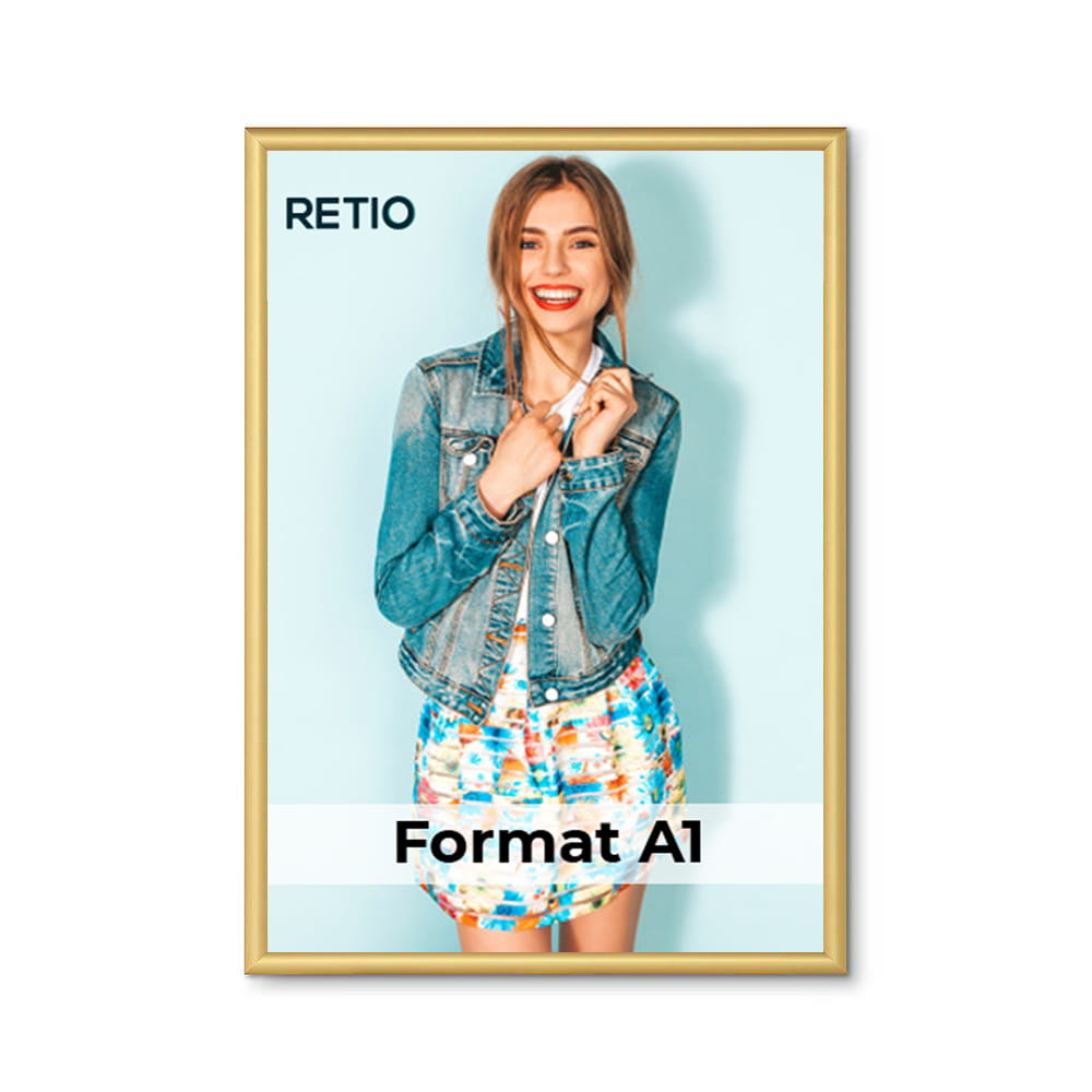 Ramka zatrzaskowa KRAST A1 (59,4 x 84,1 cm) aluminiowa złota z ostrym prostym narożnikiem rama ramka plakatowa OWZ ścienna na plakat na zdjęcia profil 25 mm