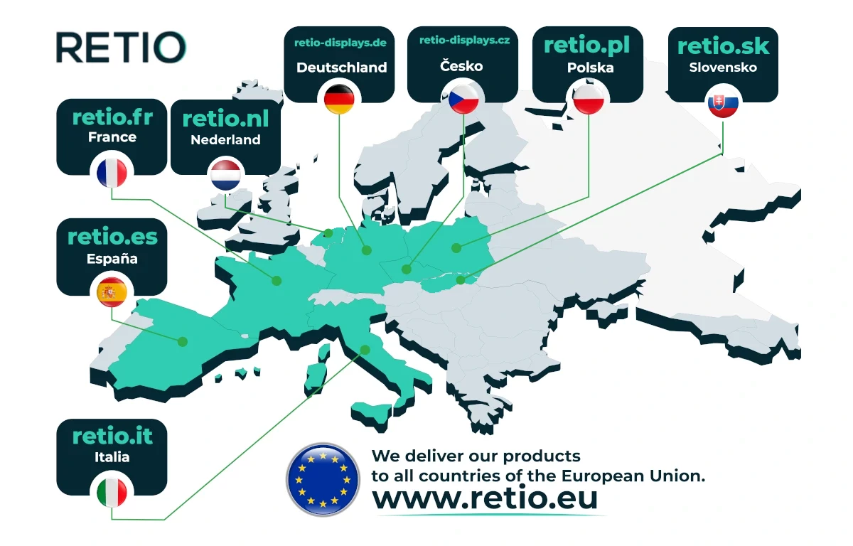 Mapa obchodov RETIO: retio.pl, retio-displays.de, retio-displays.cz, retio.sk, retio.fr, retio.es, retio.it, retio.nl a retio.eu